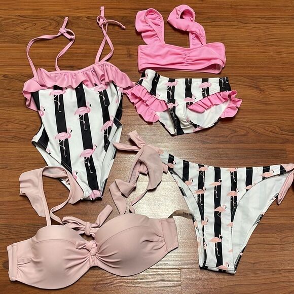 Mommy and me Striped & Flamingo Print Tie Side Bikini Swimsuits - Picture 10 of 16